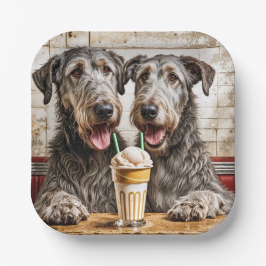 Irish Wolfhound Hunde mit einem Milchshake Pappteller (Vorderseite)