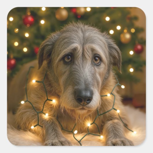 Irish Wolfhound Tangled In Holiday Lights Quadratischer Aufkleber (Vorderseite)