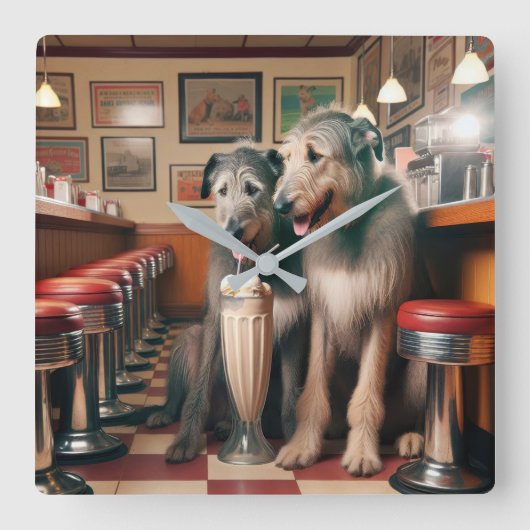 Irish Wolfhounds in Retro Diner Quadratische Wanduhr (Vorderseite)