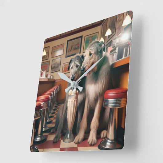 Irish Wolfhounds in Retro Diner Quadratische Wanduhr (Winkel)