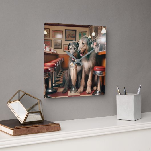 Irish Wolfhounds in Retro Diner Quadratische Wanduhr (Büro)