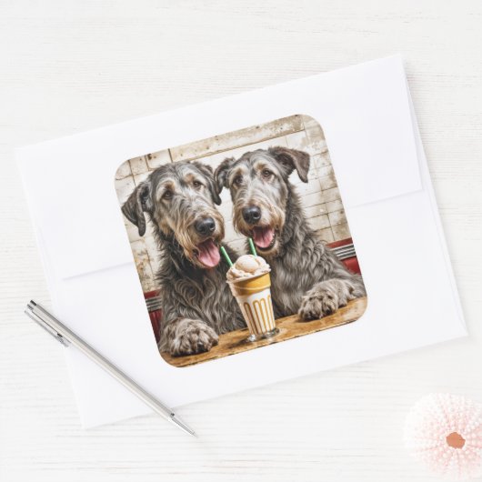 Irish Wolfhounds mit Eiscreme-Soda Quadratischer Aufkleber (Umschlag)
