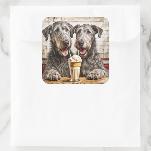 Irish Wolfhounds mit Eiscreme-Soda Quadratischer Aufkleber (Tasche)