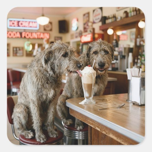 Irish Wolfhounds Sharing a Milkshake Quadratischer Aufkleber (Vorderseite)