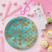 Irisierende Aquamarine Gold Glitzer Meerjungfrau F Pappteller (Party)