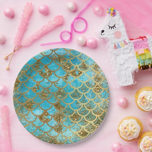 Irisierende Aquamarine Gold Glitzer Meerjungfrau F Pappteller (Party)