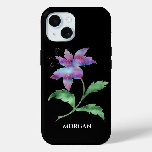 Irisierende Blume auf Schwarz, Name Case-Mate iPhone Hülle (Rückseite)
