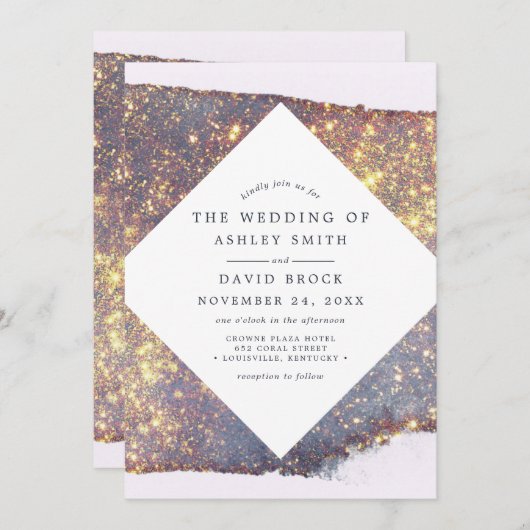 Irisierende Lila Gold Glitzer Chic Wedding Einladung (Vorne/Hinten)