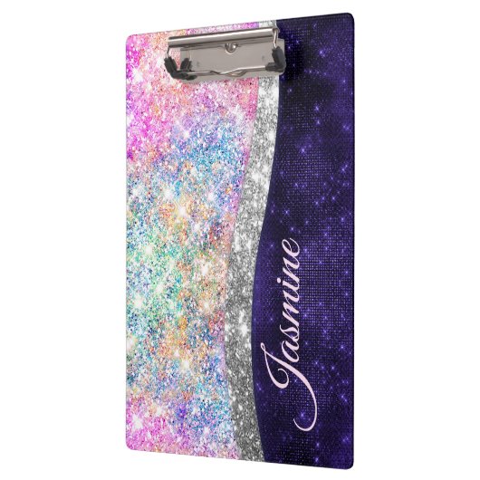 irisierende lila Imitate Glitzer Monogramm Klemmbrett (Links)