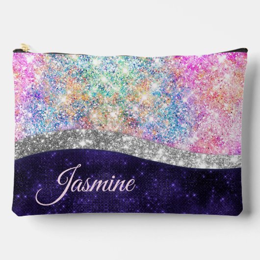 irisierende lila Imitate Glitzer Monogramm Zubehörtasche (Vorderseite)