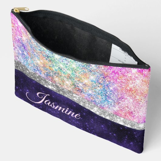 irisierende lila Imitate Glitzer Monogramm Zubehörtasche (Offen)