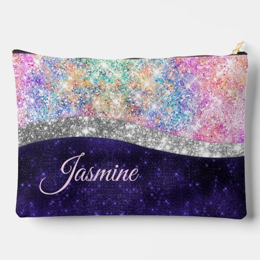 irisierende lila Imitate Glitzer Monogramm Zubehörtasche (Rückseite)