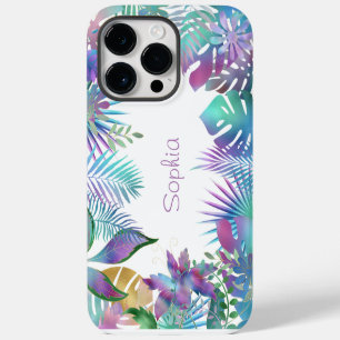 Irisierende tropische Blätter, lila Name, Weiß iPhone 14 Pro Max Hülle