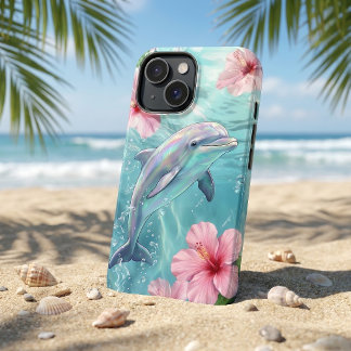Irisierender Delfin & Rosa Hibiskus Tropischer Oze iPhone 16 Hülle