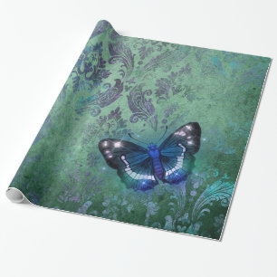 Irisierender Vintage-Damask-Schmetterling Geschenkpapier