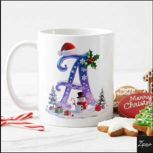 Irisierender Weihnachtsbuchstabe A mit Schneemann Kaffeetasse