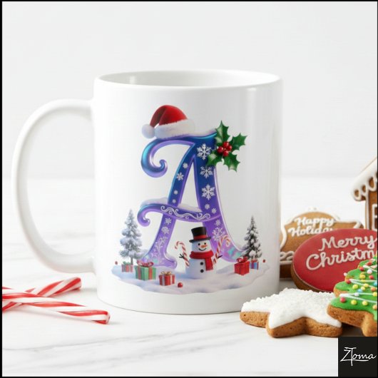 Irisierender Weihnachtsbuchstabe A mit Schneemann Kaffeetasse