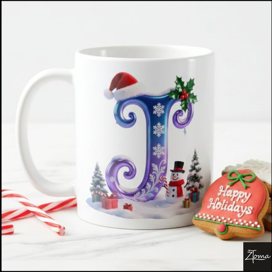 Irisierender Weihnachtsbuchstabe J mit Schneemann Kaffeetasse