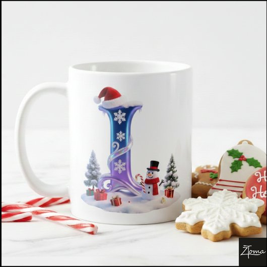 Irisierender Weihnachtsbuchstabe L mit Schneemann Kaffeetasse