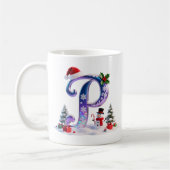 Irisierender Weihnachtsbuchstabe P mit Schneemann Kaffeetasse (Links)