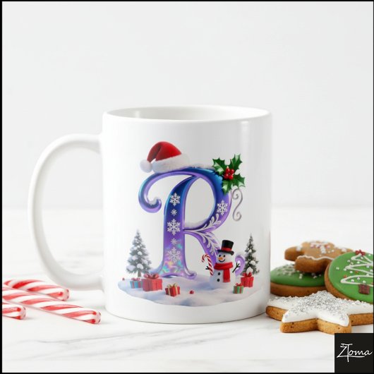 Irisierender Weihnachtsbuchstabe R mit Schneemann Kaffeetasse