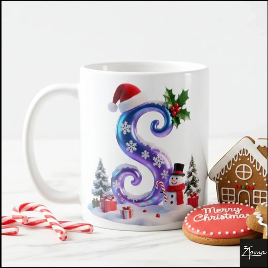 Irisierender Weihnachtsbuchstabe S mit Schneemann Kaffeetasse