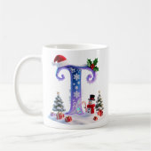 Irisierender Weihnachtsbuchstabe T mit Schneemann Kaffeetasse (Links)