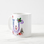 Irisierender Weihnachtsbuchstabe U mit Schneemann Kaffeetasse (Vorderseite Links)