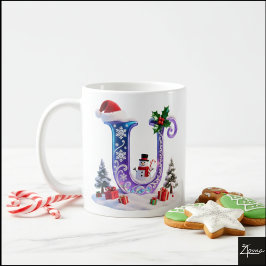 Irisierender Weihnachtsbuchstabe U mit Schneemann Kaffeetasse