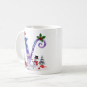 Irisierender Weihnachtsbuchstabe V mit Schneemann Kaffeetasse (Vorderseite Links)