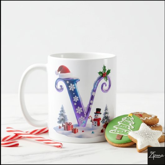 Irisierender Weihnachtsbuchstabe V mit Schneemann Kaffeetasse