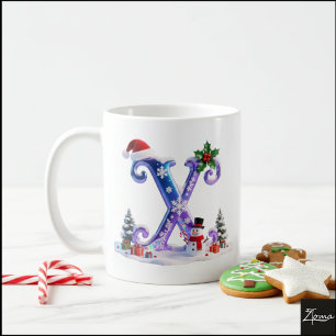 Irisierender Weihnachtsbuchstabe X mit Schneemann Kaffeetasse