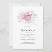 Irisierendes Silber und rosa, florales Quinceañera Einladung (Vorderseite)
