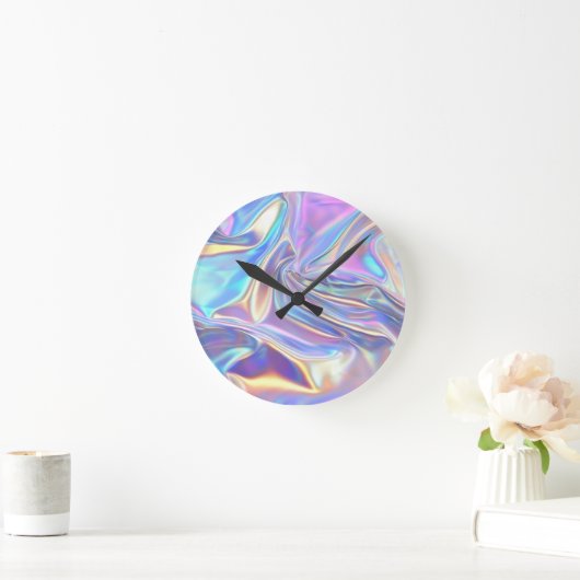 irisierendes, silbernes Metallgewebe, Aquamarines Runde Wanduhr (Zuhause)