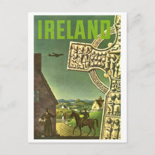 Irland Dorf, keltisches Kreuz, Vintage-Reise Postkarte