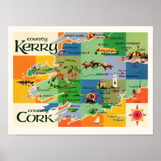 Irlands Kerry & Cork Karte drucken Poster (Vorne)