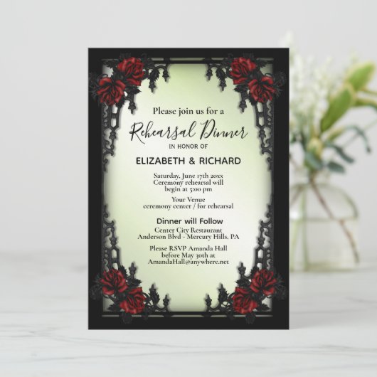 Iron Gothic Rote Rose Green Probe Dinner Einladung (Stehend Vorderseite)