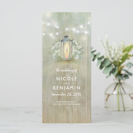 Iron Lantern Lights Floral rustikale Hochzeitsprog Programm (Stehend Vorderseite)