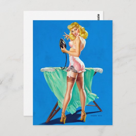 Ironing Girl Button Up Postkarte (Vorne/Hinten)