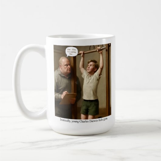 Ironischerweise fällt der junge Charles Darwin bei Kaffeetasse (Links)