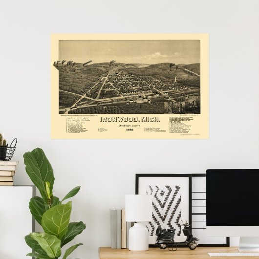 Ironwood, MI Panoramic Map - 1886 Poster (Heimbüro)