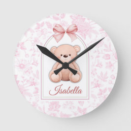 Isabella | Benutzerdefiniertes rosa Teddy-Bär-Kind Runde Wanduhr