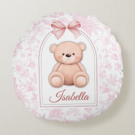 Isabella | Benutzerdefiniertes rosa Teddy-Bär-Kind Rundes Kissen