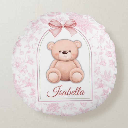 Isabella | Benutzerdefiniertes rosa Teddy-Bär-Kind Rundes Kissen (Vorderseite)