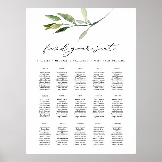 ISABELLA Elegant Boho Greenery Table Seating Chart Poster (Vorne)