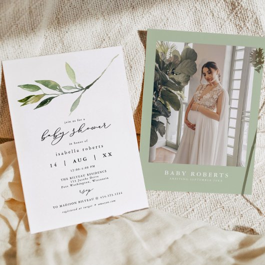ISABELLA Elegant Minimalistisch Greenery Baby Dusc Einladung
