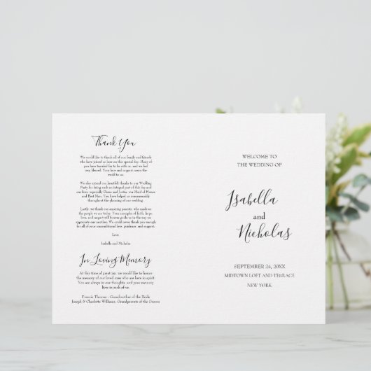 Isabella Elegant Script Folded Wedding Program (Stehend Vorderseite)