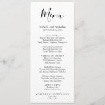 Isabella Simple Modern Black Calligraphy Wedding Menükarte<br><div class="desc">Unser einfaches, modernes Hochzeitsmenü bietet Vorspeisen, Vorspeisen und Desserts in elegantem Schriftsatz. Oben steht das Wort Menü geschrieben in skurrile, schwarze Kalligrafie gefolgt von Ihren Namen und Hochzeitstag in Serifentypografie. Dieses stilvolle Menü kann auch für eine Verlobungsfeier, ein Brautparty, ein Probe-Dinner oder eine besondere Veranstaltung verwendet werden. Entworfen, um mit...</div>