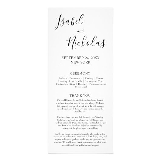 Isabella Simple Modern Calligraphy Wedding Program Werbekarte (Vorne)