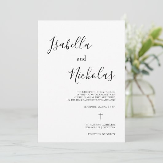 Isabella Simple Modern Script katholische Hochzeit Einladung (Stehend Vorderseite)